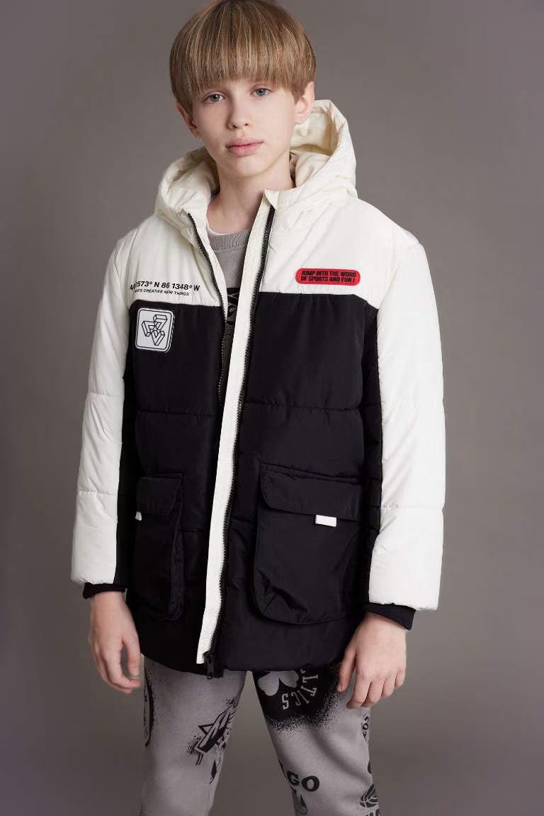 Boy Hooded Fleece Lined Waterproof Puffer Jacket - - Black