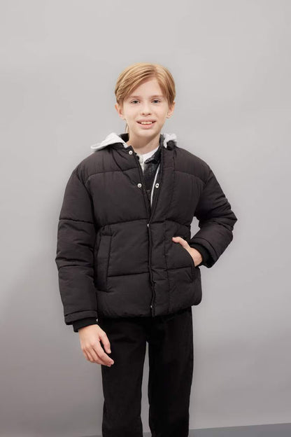 Boy Removable Hooded Zippered Waterproof Puffer Jacket - - Black