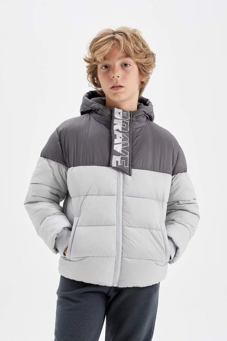 Boy Hooded Fleece Lined Waterproof Jacket - - Gray