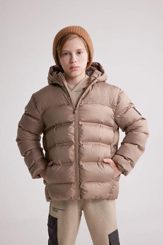 Boy Hooded Waterproof Puffer Jacket - - Light brown