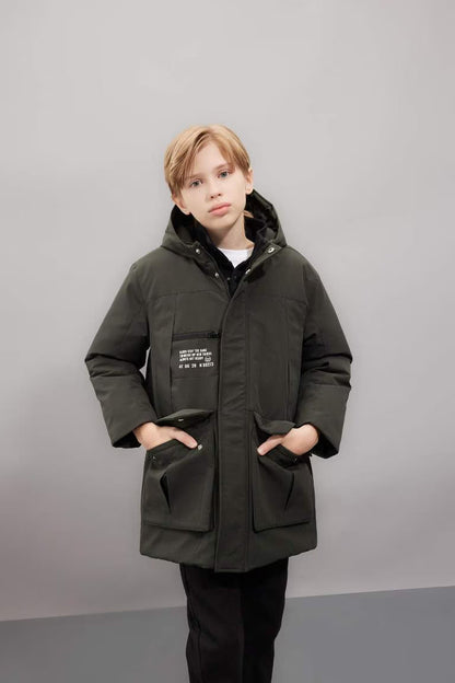 Boy Waterproof Hooded Zippered Pocketed Puffer Jacket - -