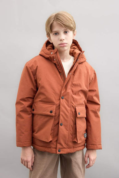 Boy Hooded Water Repellent Puffer Jacket - - Salmon