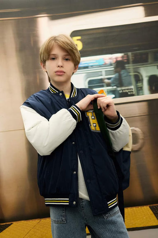Boy Waterproof College Collar Bomber Jacket - - Navy
