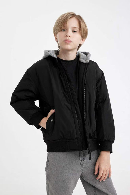 Boy Waterproof College Collar Zippered Bomber Jacket - - Black