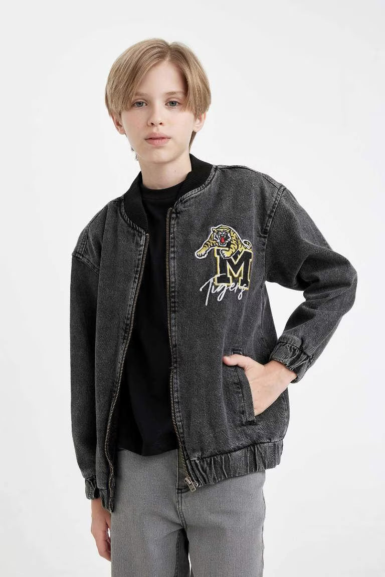 Boy College Collar Bomber Denim Jacket - - Gray