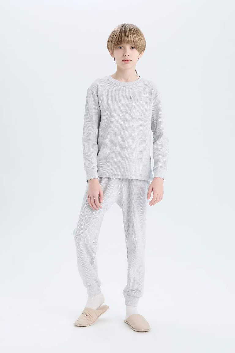 Boy Waffle Crew Neck Top Bottom 2 Piece Pajama Set - -