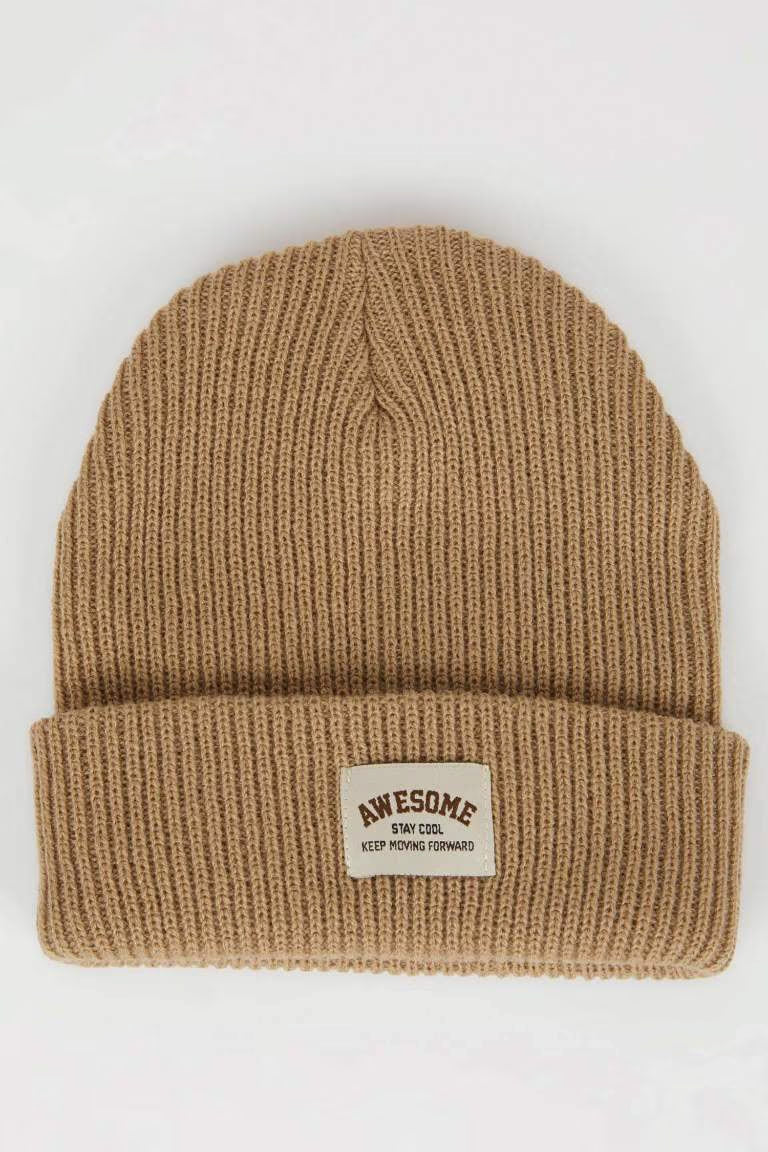 Boy Woven Labeled Ribbed Knitted Beanie - -