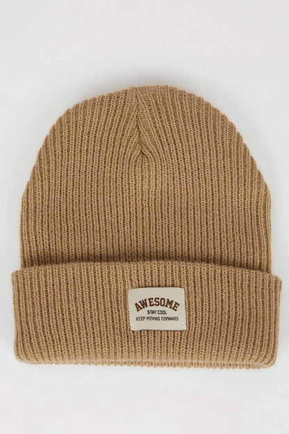 Boy Woven Labeled Ribbed Knitted Beanie - -
