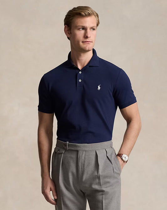Custom Slim Fit Stretch Mesh Polo Shirt - - Navy