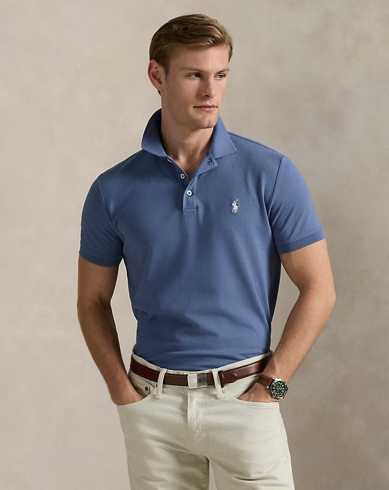 Custom Slim Fit Stretch Mesh Polo Shirt - - Blue