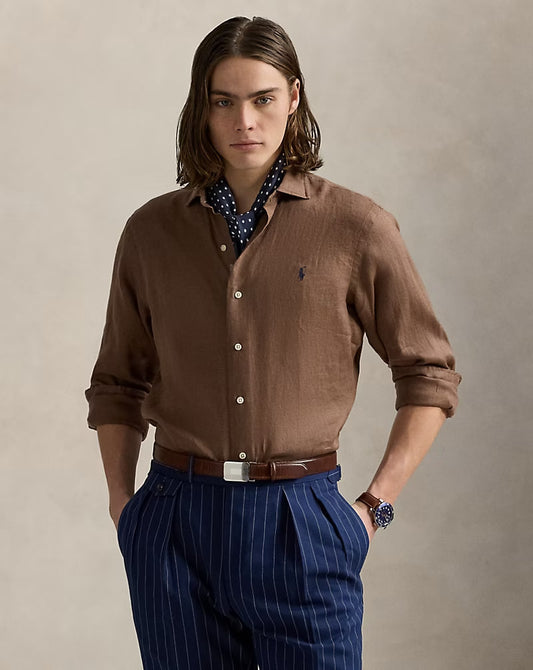 Classic Fit Houndstooth Linen Shirt - - Brown