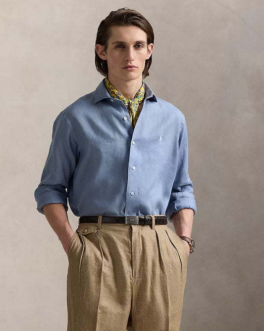 Classic Fit Houndstooth Linen Shirt - - Channel Blue