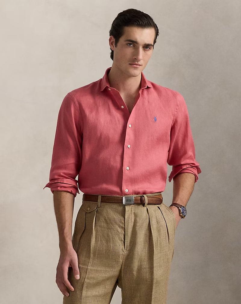 Classic Fit Houndstooth Linen Shirt - - Adirondack Berry