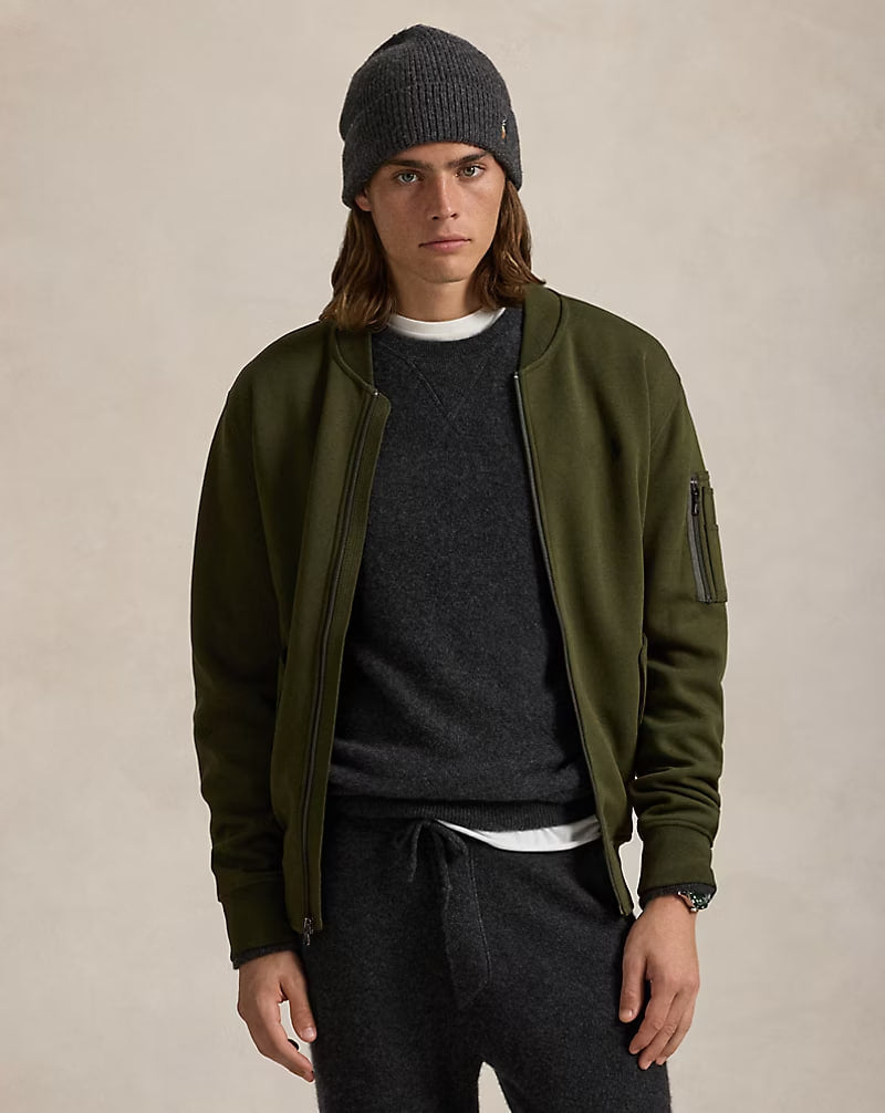 Double-Knit Bomber Jacket - - olive green