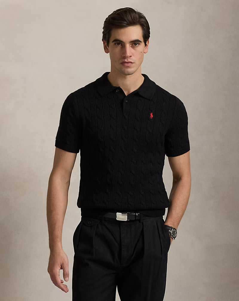 Cable-Knit Cotton Polo-Collar Sweater - - Black