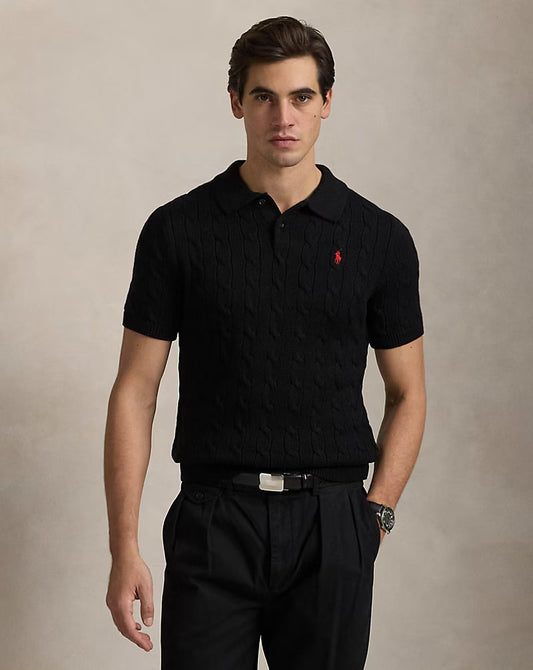 Cable-Knit Cotton Polo-Collar Sweater - - Black