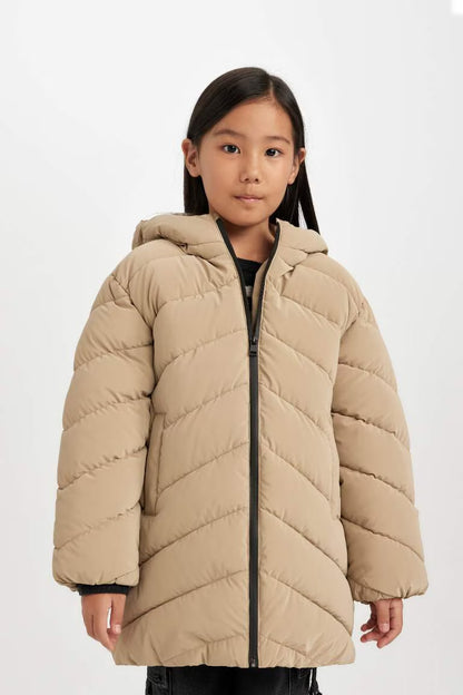 Girl Hooded Waterproof Puffer Jacket - - Beige