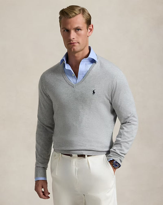 Cotton V-Neck Sweater - - Gray