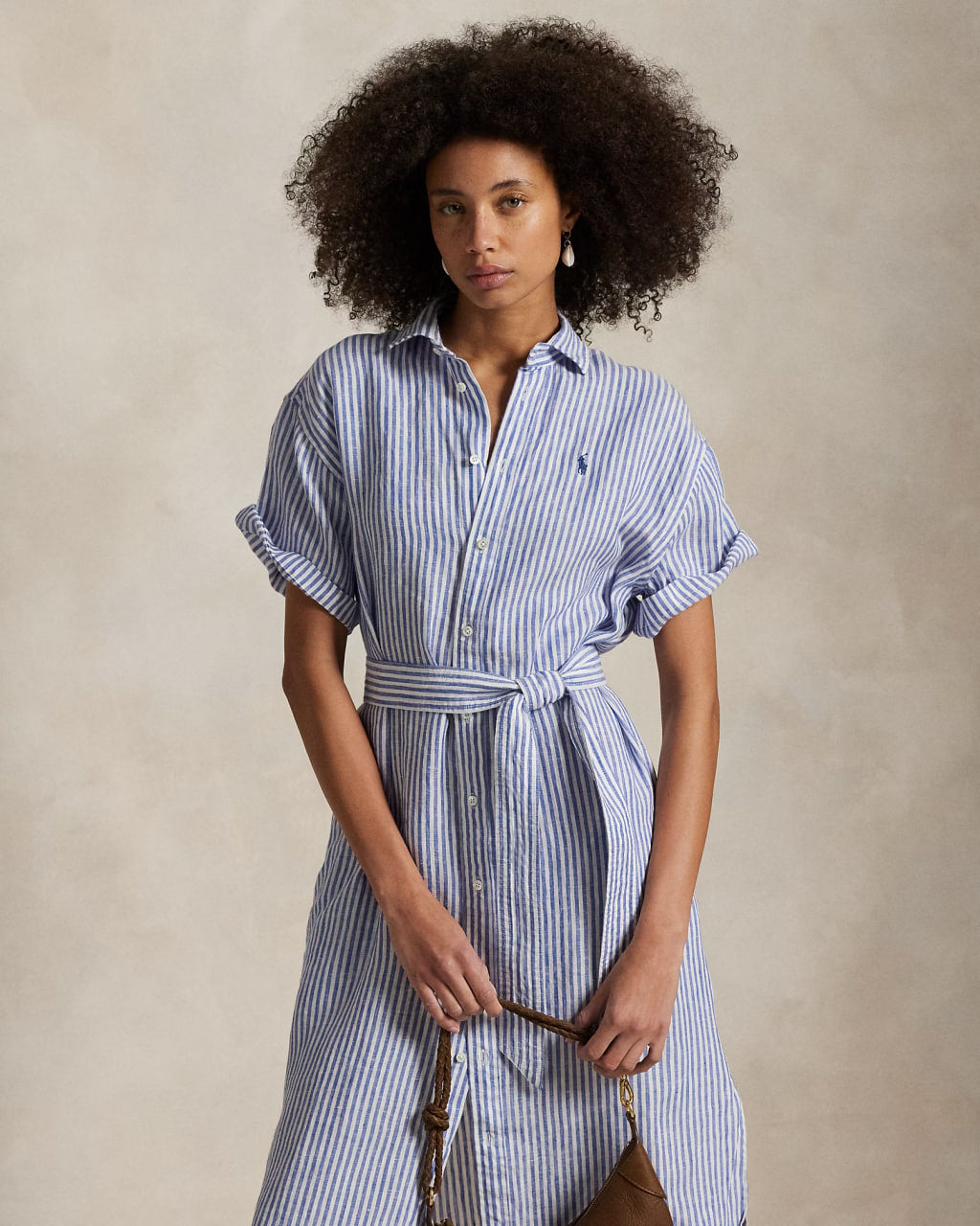 Striped Linen Short-Sleeve Shirtdress - -