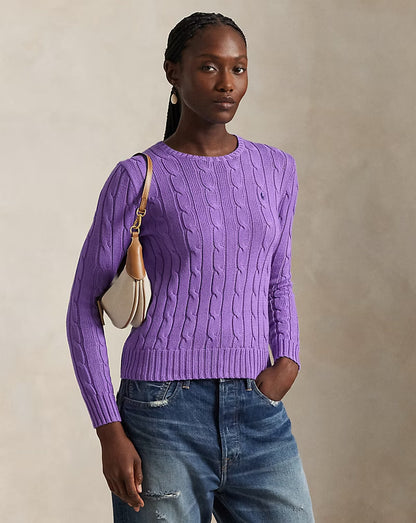 Cable-Knit Cotton Crewneck Sweater - - Purple