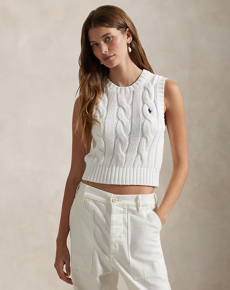 Cable-Knit Cotton Cropped Vest - - White