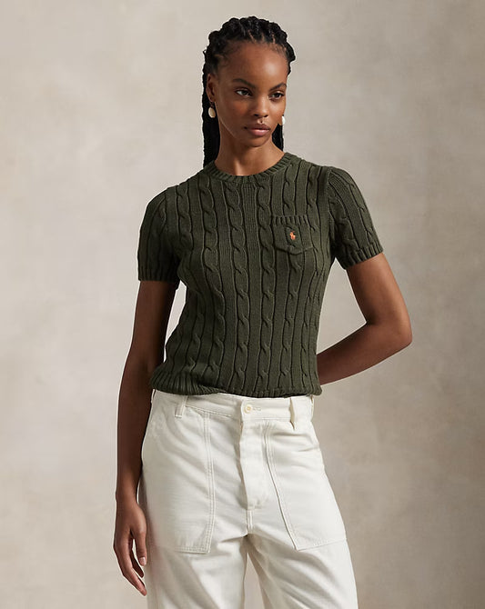 Cable-Knit Cotton Short-Sleeve Sweater - - olive green