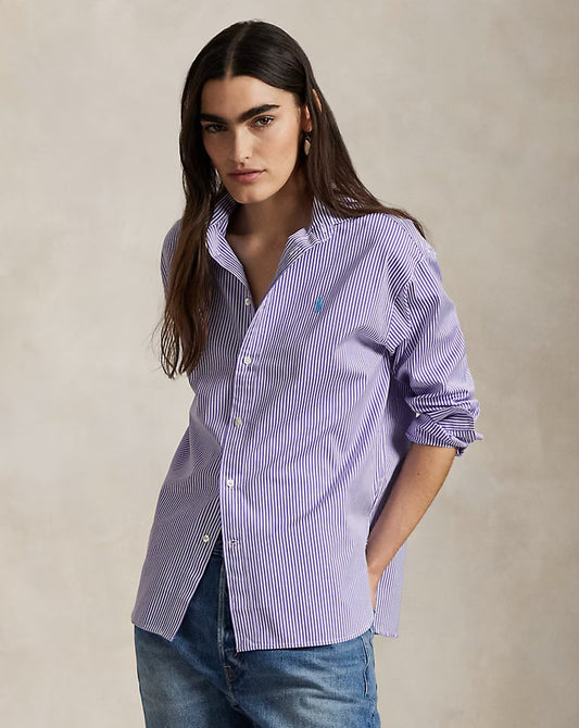 Relaxed Fit Striped Cotton Shirt - - Purple