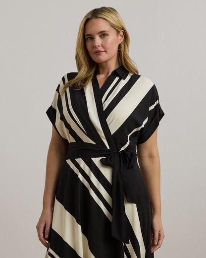 Striped Belted Crepe Dress - - Striped