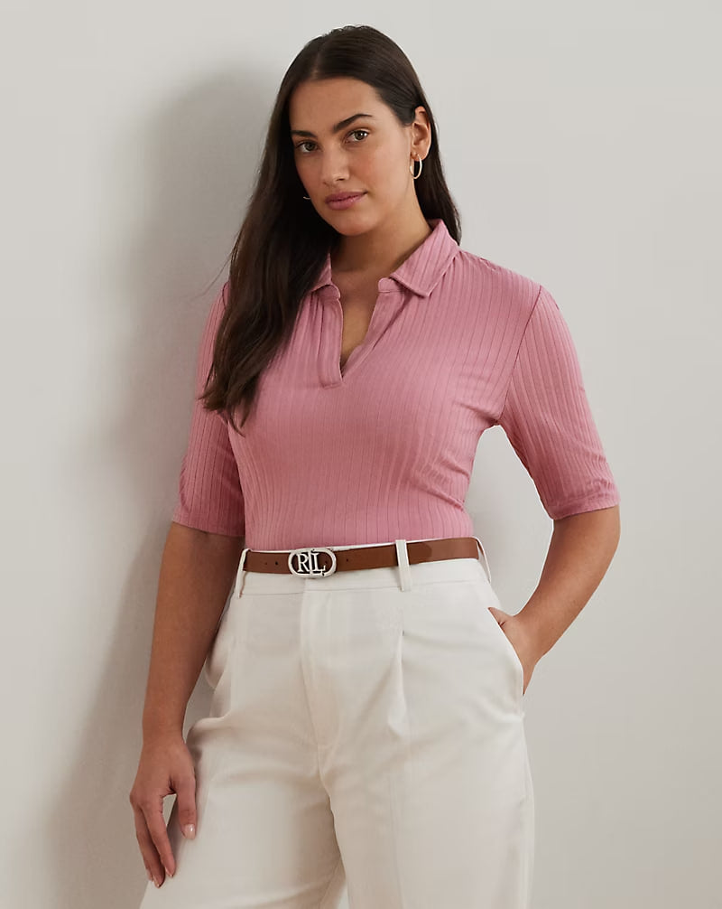 Rib-Knit Elbow-Sleeve Polo Tee - - Pink