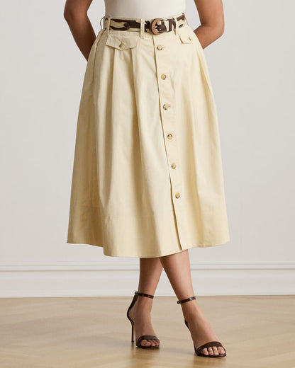 Button-Front Micro-Sanded Twill Skirt - - Beige