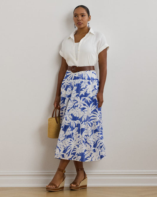 Palm-Frond-Print Voile Tiered Skirt - - Floral