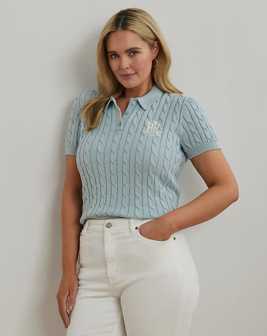 Cable-Knit Cotton Polo Sweater - - aqua pearl