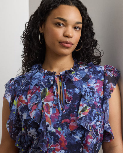 Print Ruffle-Trim Georgette Blouse - - Floral