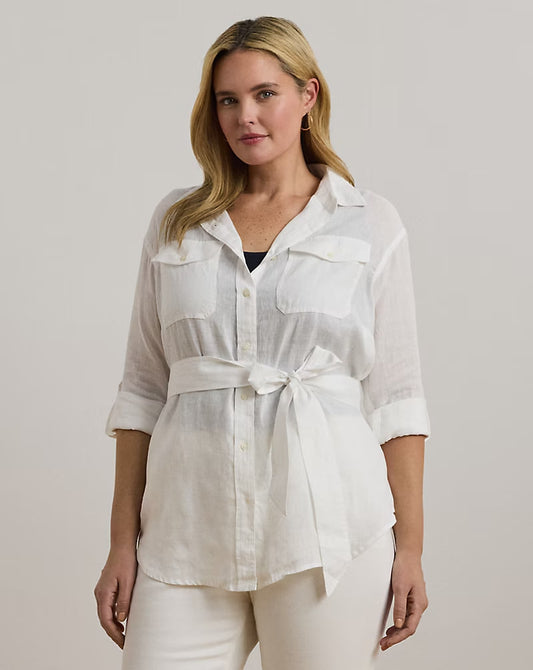Relaxed Fit Belted Linen Shirt - - White
