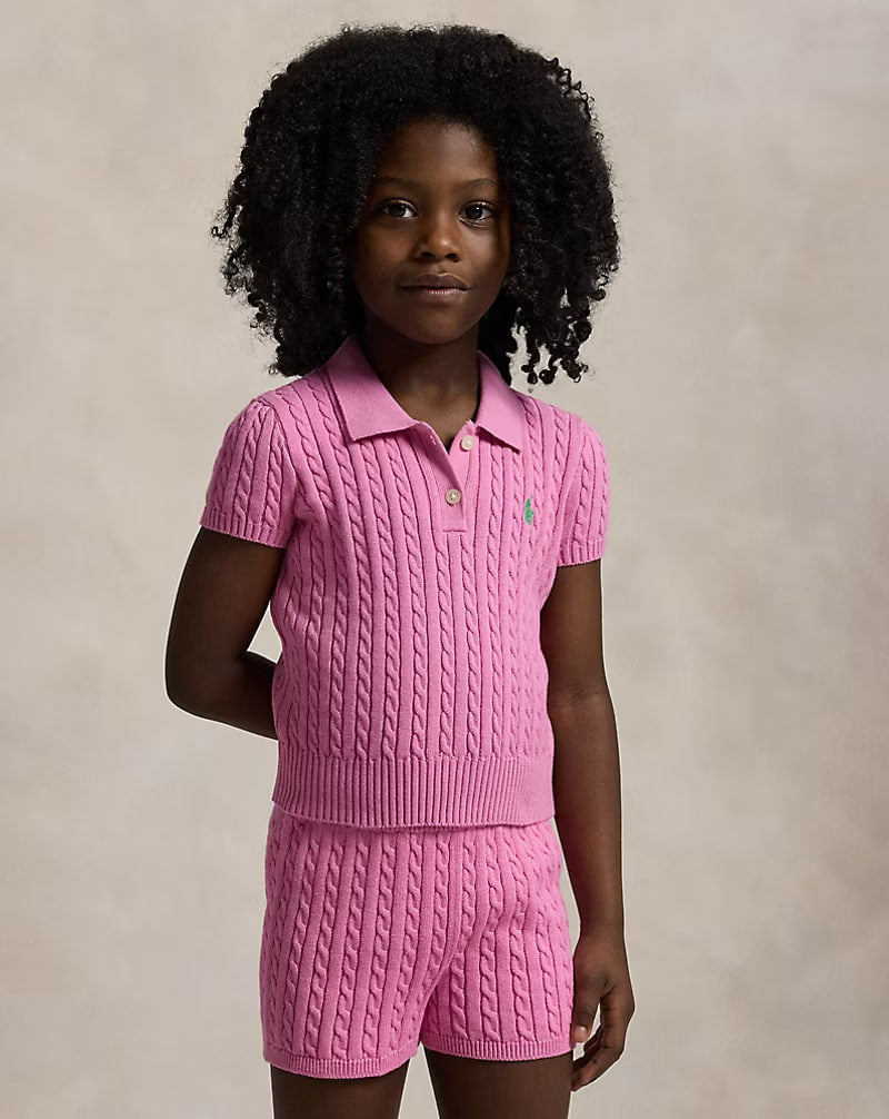 Mini-Cable Cotton Polo Sweater 2-6 - - Pink