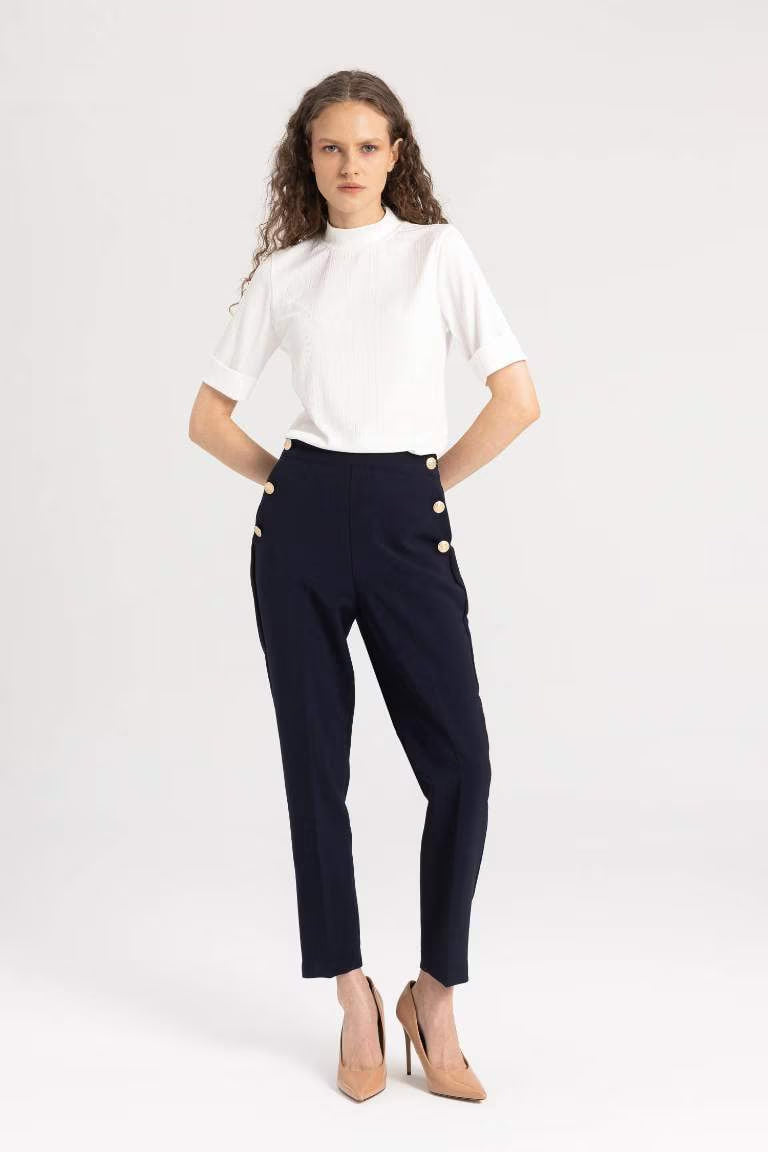 Carrot Fit High Waist Straight Leg Basic Trousers - - Navy