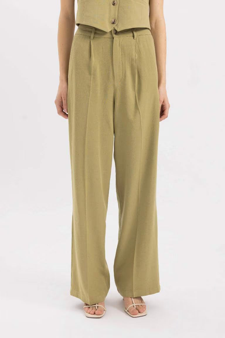 Wide Leg High Waist Linen Blend Trousers - - khaki
