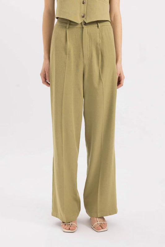 Wide Leg High Waist Linen Blend Trousers - - khaki
