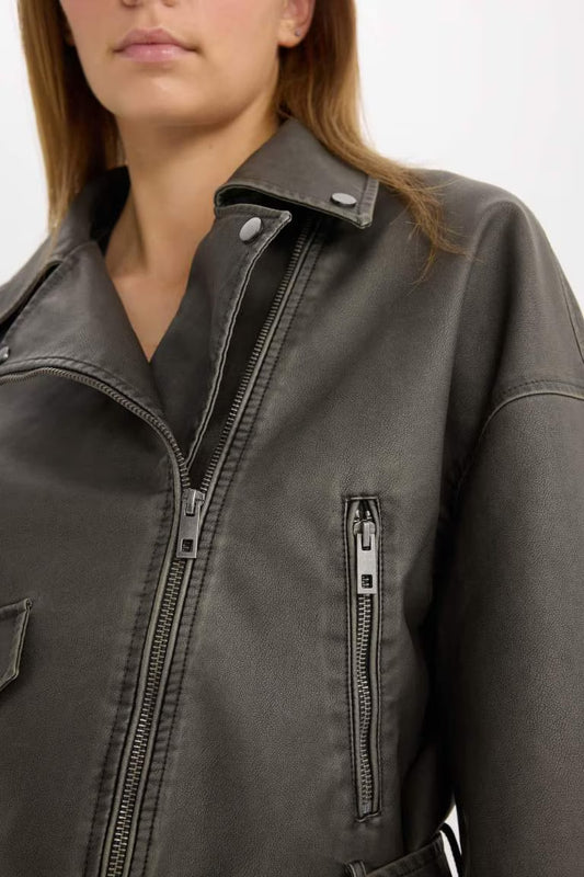 Zippered Closure Pocket Belted Waterproof Faux Leather Jacket - -