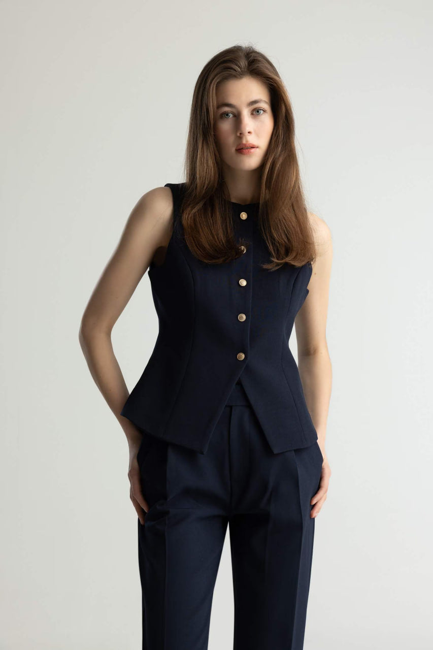 Regular Fit Crew Neck Buttoned Blazer Vest - - Navy