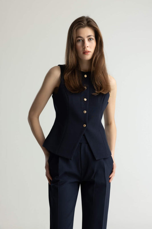 Regular Fit Crew Neck Buttoned Blazer Vest - - Navy