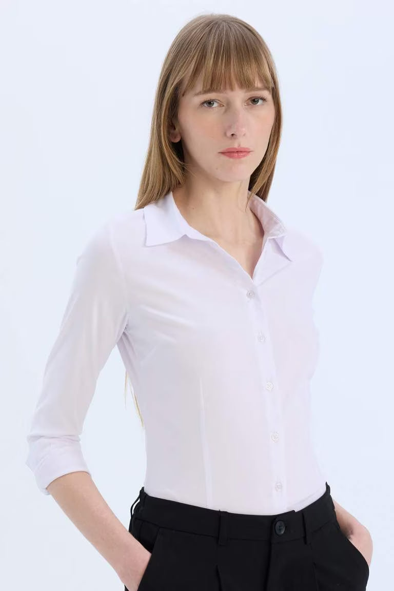 Regular Fit Shirt Collar Long Sleeve Shirt - - Violet Beyaz