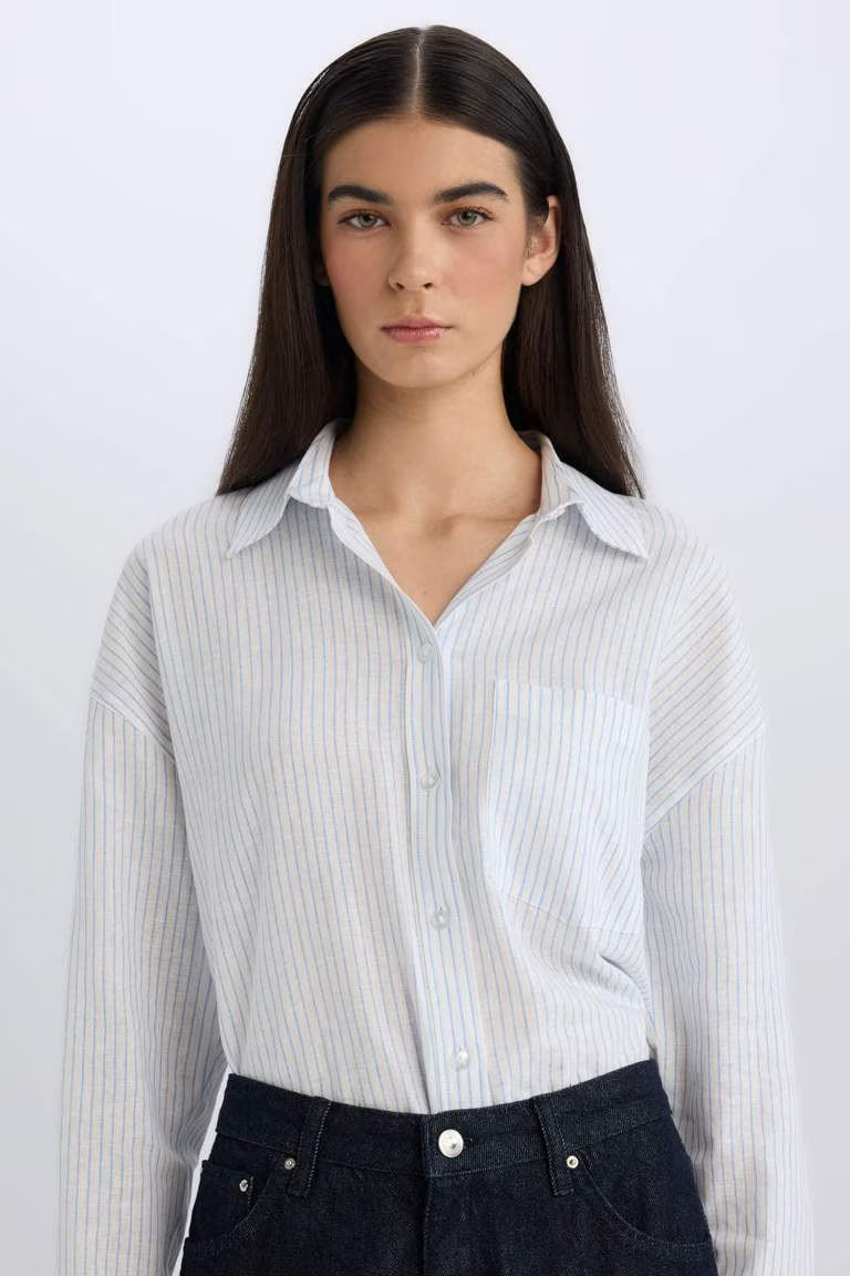 Oversize Fit Shirt Collar Linen Blend Long Sleeve Shirt - - White