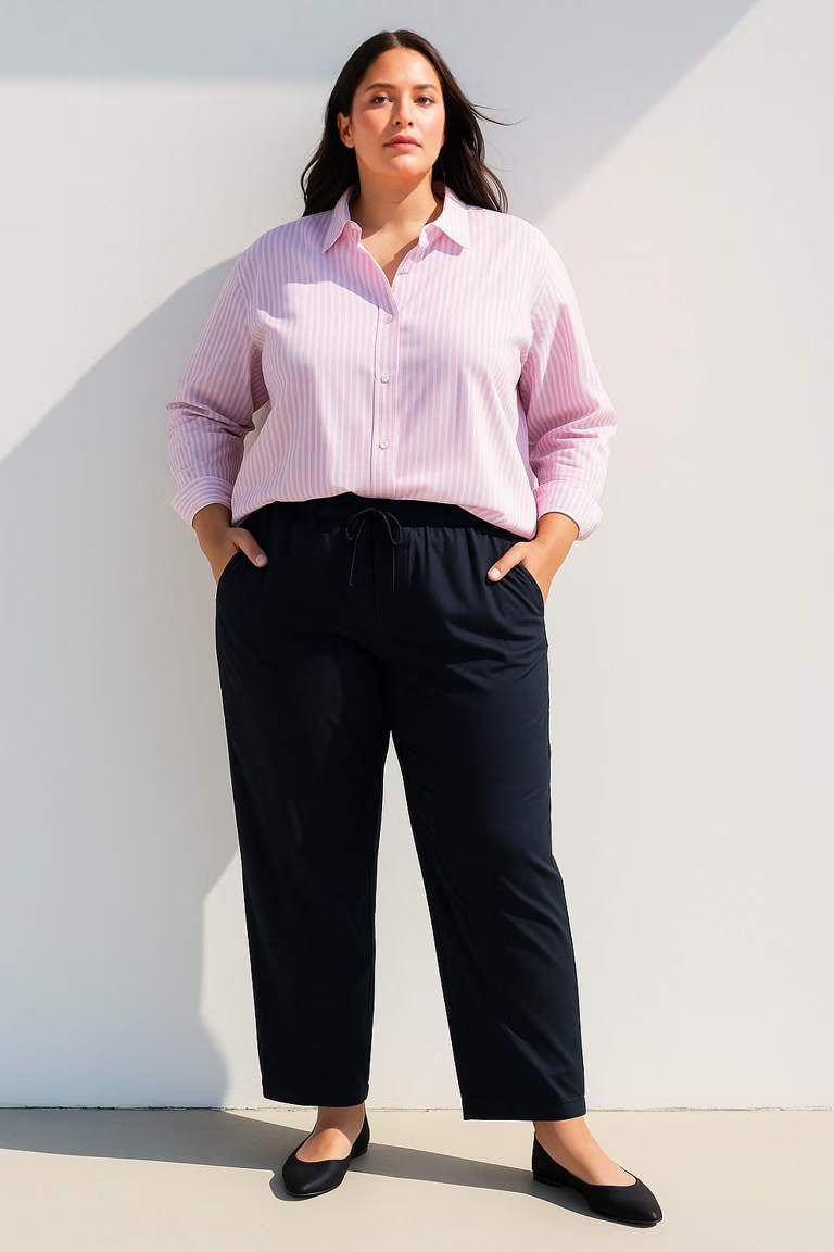 Oversize Fit Shirt Collar Oxford Striped Long Sleeve Shirt - - Pink