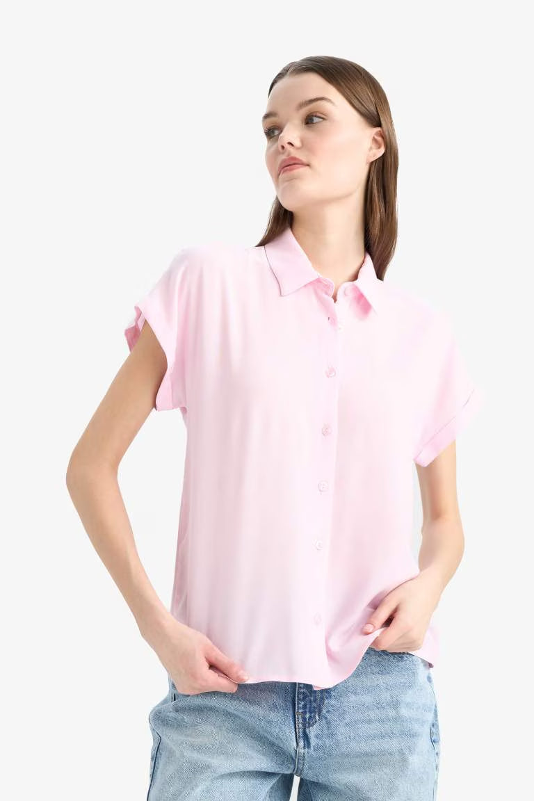 Regular Fit Shirt Collar Viscose Short Sleeve Shirt - - Pink