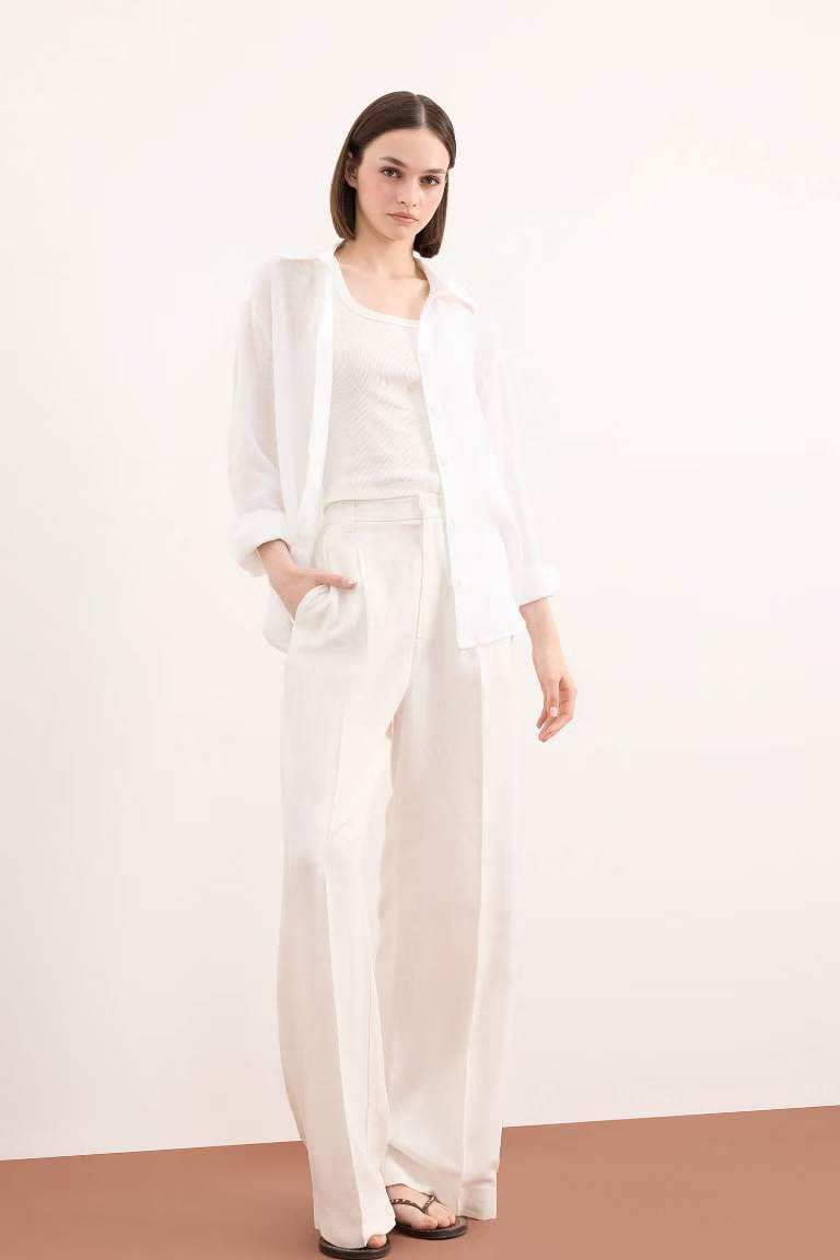Oversize Fit Linen Long Sleeve White Shirt - - White