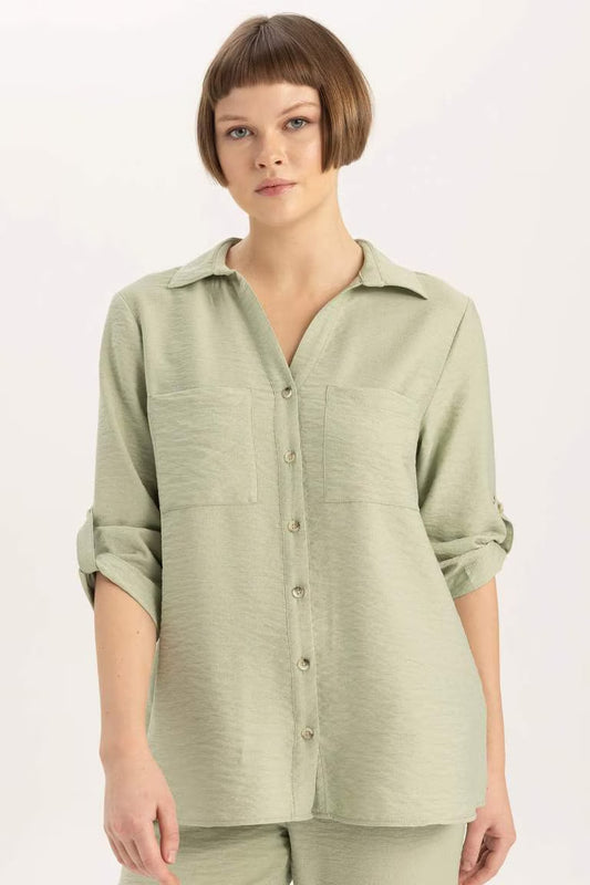 Regular Fit Shirt Collar Long Sleeve Shirt - - mint green
