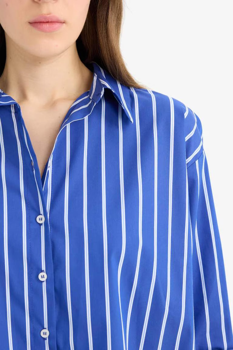 Oversize Fit Shirt Collar Poplin Printed Long Sleeve Shirt - -