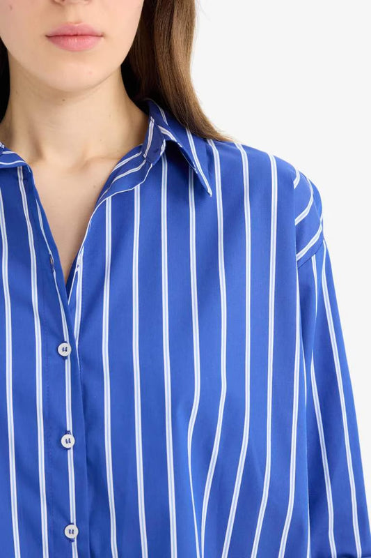 Oversize Fit Shirt Collar Poplin Printed Long Sleeve Shirt - -