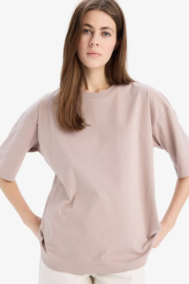 Oversize Fit Crew Neck Basic Cotton T-Shirt - - stone